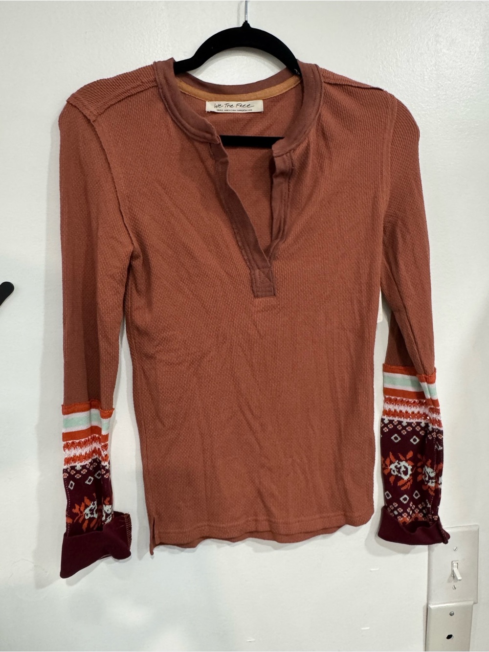We The Free Rust Long Sleeve Thermal Henley with Patterned Cuffs